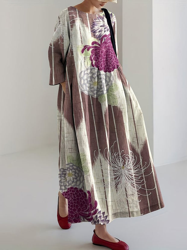 Japanese Art Chrysanthemum Print Round Neck Loose Midi Dress