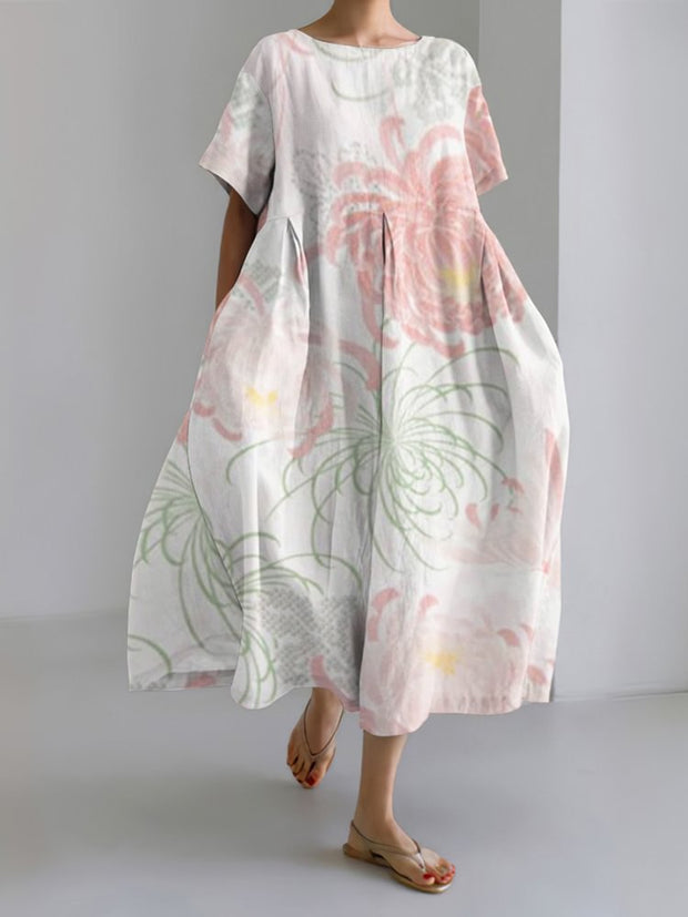 Japanese Art Chrysanthemum Print Round Neck Short Sleeve Midi Dress