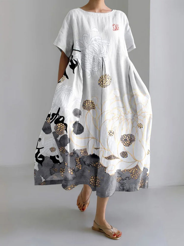 Japanese Art Chrysanthemum Print Short Sleeve Midi Dress