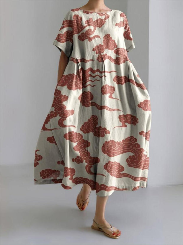Japanese Art Cloud Print Loose Casual Midi Dress