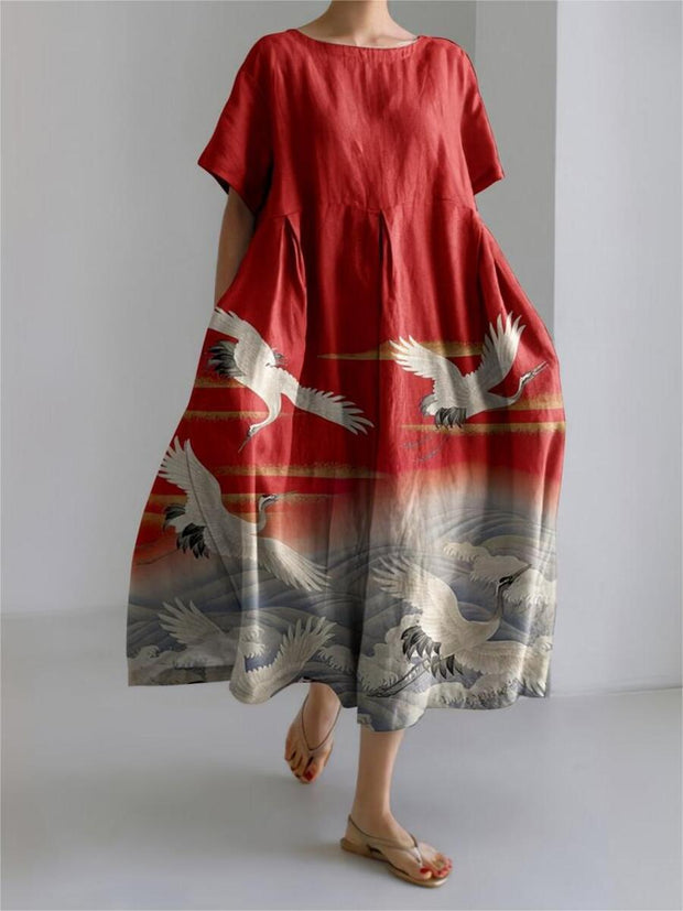 Japanese Art Crane Linen Blend Maxi Dress