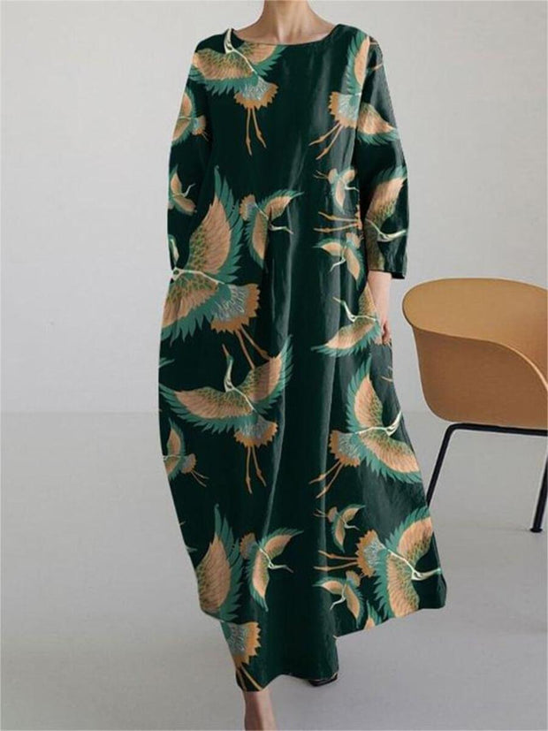 Japanese Art Crane Print Casual Midi Dress