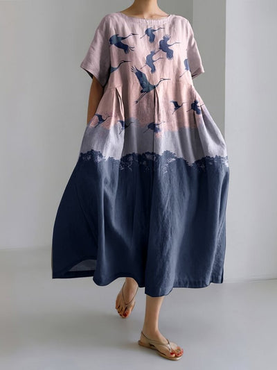 Japanese Art Crane Print Linen Blend Round Neck Dress