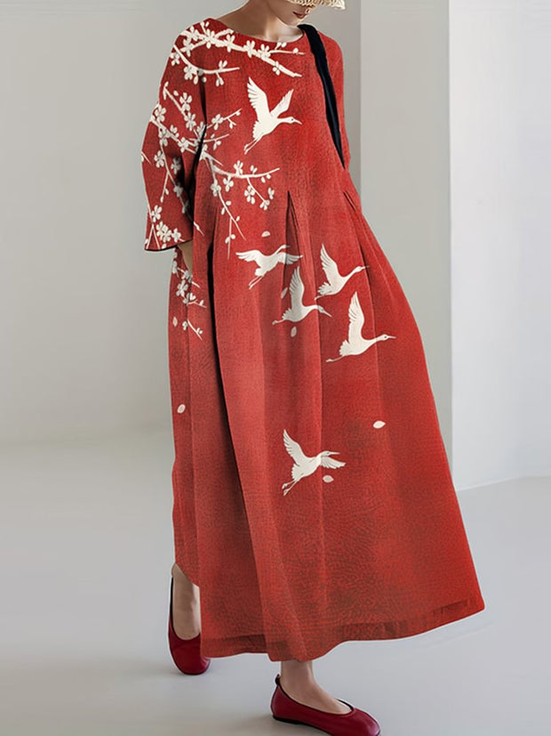 Japanese Art Crane Print Loose Midi Dress