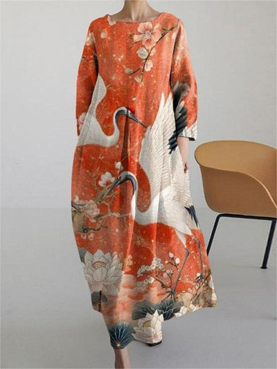 Japanese Art Crane Print Round Neck Casual Midi Dress