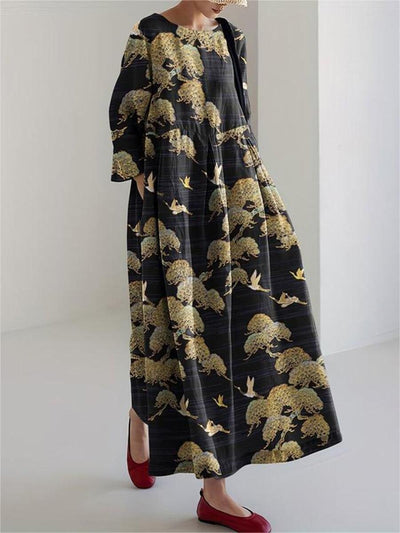 Japanese Art Crane Print Round Neck Loose Midi Dress