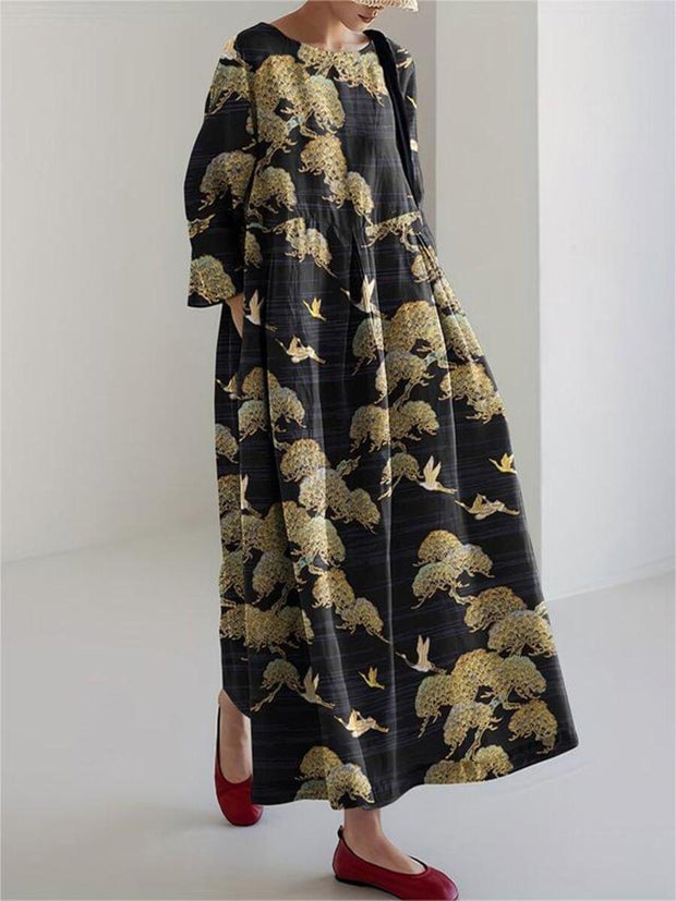 Japanese Art Crane Print Round Neck Loose Midi Dress