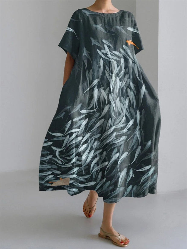 Japanese Art Fish School Short Sleeve Midi Dress