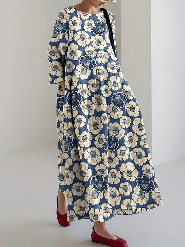 Japanese Art Floral Print Linen Blend Casual Midi Dress