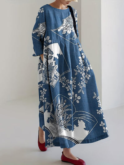 Japanese Art Floral Print Linen Blend Loose Midi Dress