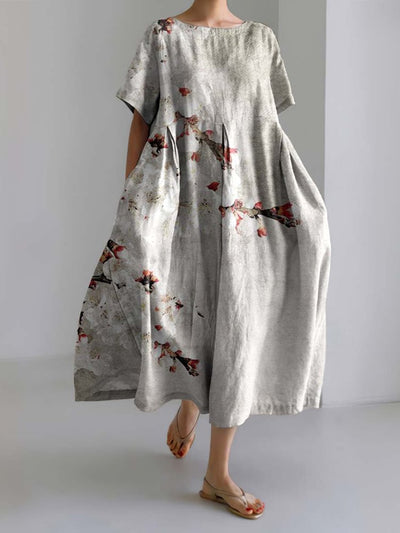 Japanese Art Floral Printed Crew Neck Casual Midi Dress