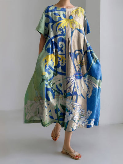 Japanese Art Floral Printed Crew Neck Casual Midi Dress