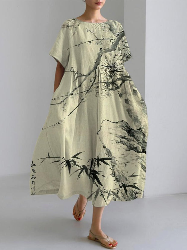 Japanese Art Flower Pattern Linen Blend Dress