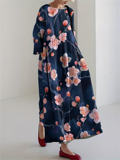 Japanese Art Flower Print Long Sleeve Casual Midi Dress1