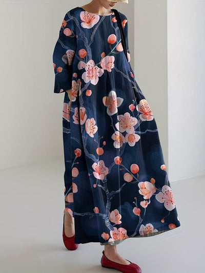 Japanese Art Flower Print Long Sleeve Casual Midi Dress