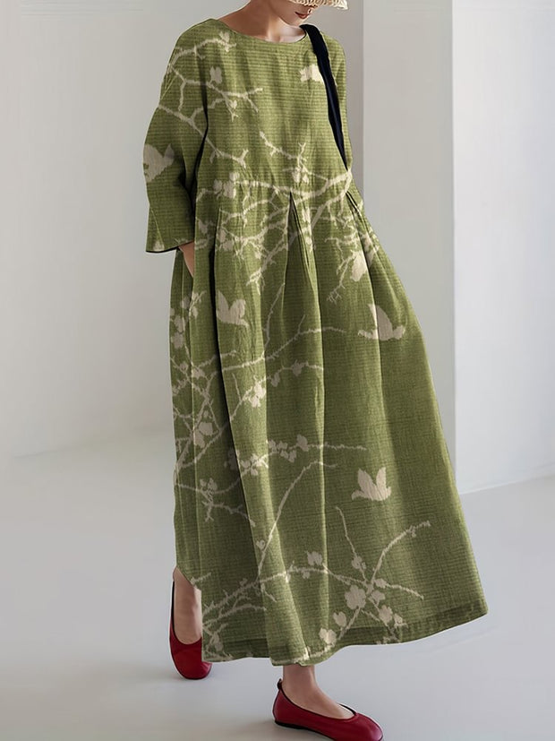 Japanese Art Flower Print Loose Casual Midi Dress1