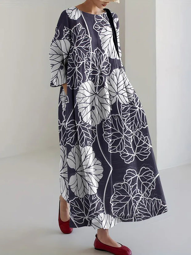 Japanese Art Flower Print Loose Casual Midi Dress