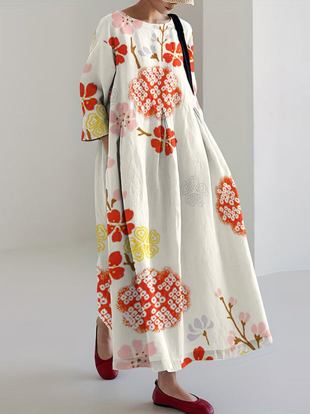 Japanese Art Flower Print Loose Casual Midi Dress