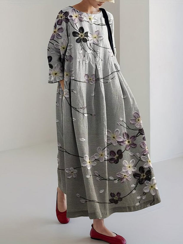 Japanese Art Flower Print Loose Midi Dress