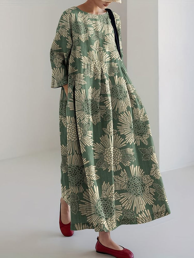 Japanese Art Flower Print Loose Midi Dress