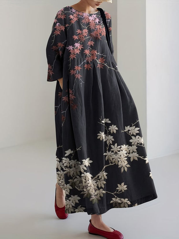 Japanese Art Flower Print Loose Midi Dress