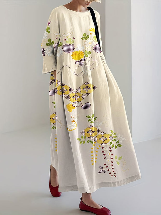 Japanese Art Flower Print Round Neck Casual Midi Dress