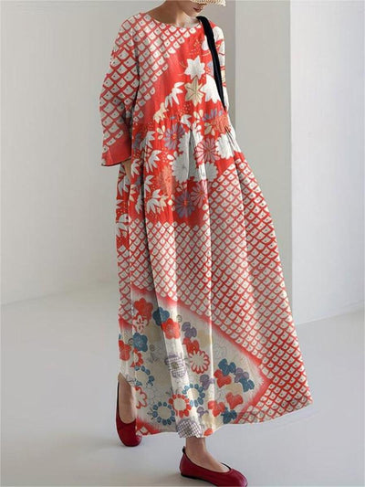 Japanese Art Flower Print Round Neck Loose Midi Dress