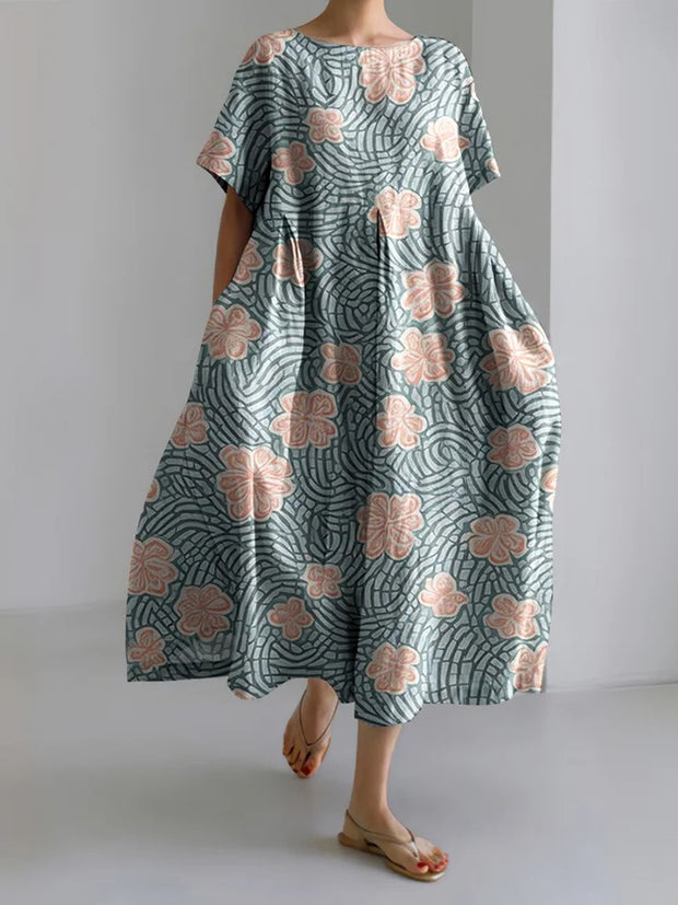 Japanese Art Flower Print Round Neck Loose Midi Dress