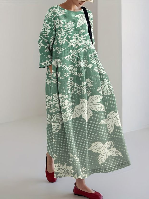 Japanese Art Flower Print Round Neck Loose Midi Dress