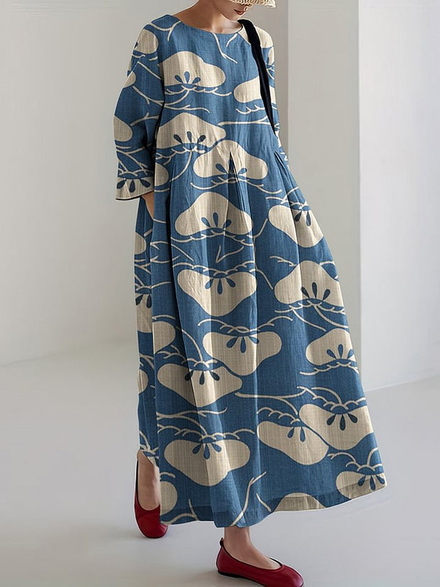 Japanese Art Flower Print Round Neck Midi Dress