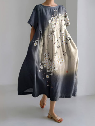 Japanese Art Flower Print Short Sleeve Casual Midi Dress