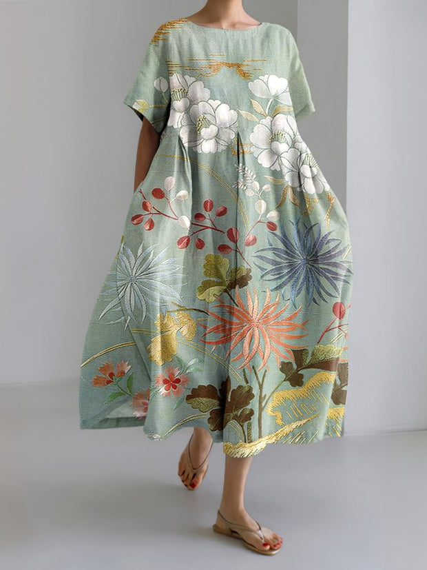 Japanese Art Flower Print Short Sleeve Loose Casual Midi Dress