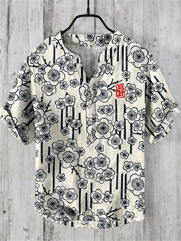 Japanese Art Flower Print V-Neck Casual Shirt