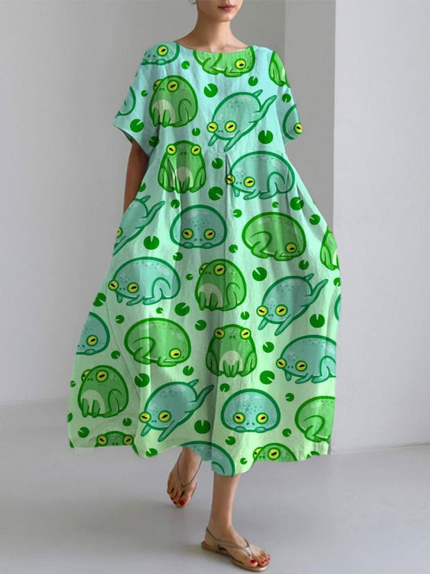 Japanese Art Frog Print Cotton Blend Dress