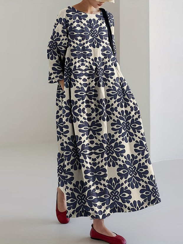 Japanese Art Geometric Print Round Neck Loose Midi Dress