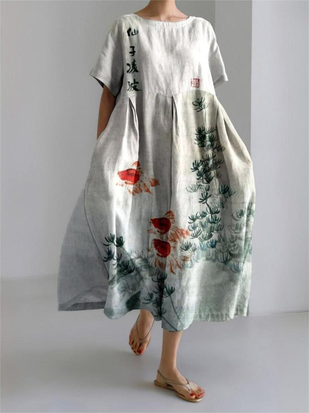 Japanese Art Goldfish Ink And Wash Linen Blend Maxi Dress