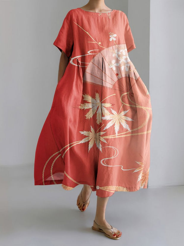 Japanese Art Gradient Print Short Sleeve Midi Dress