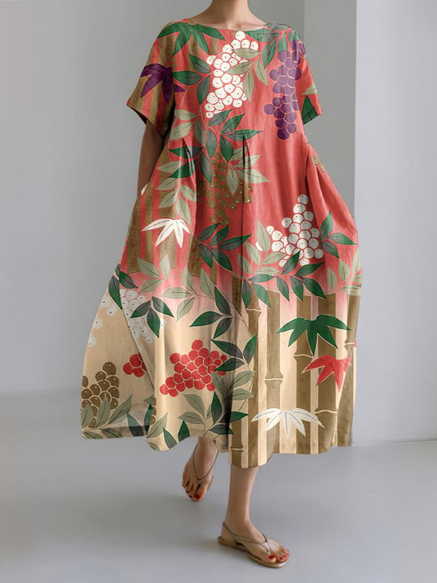 Japanese Art Grape Print Short Sleeve Loose Midi Dress