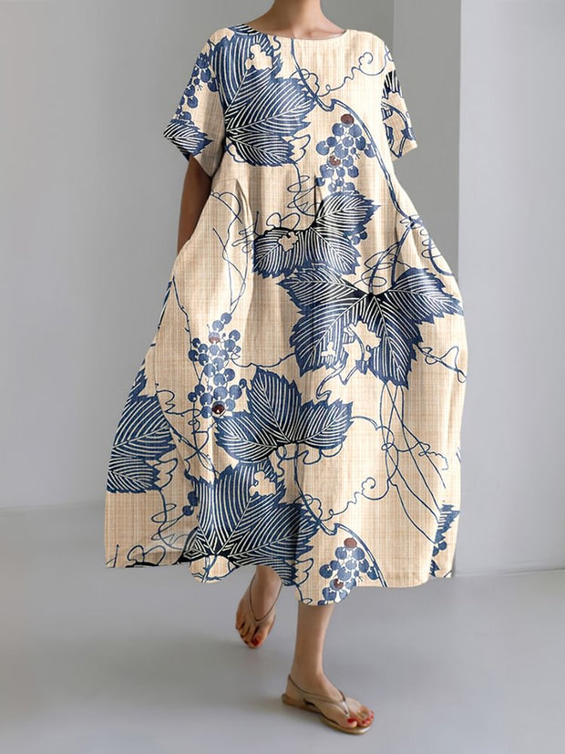 Japanese Art Grapevine Print Short Sleeve Midi Dress