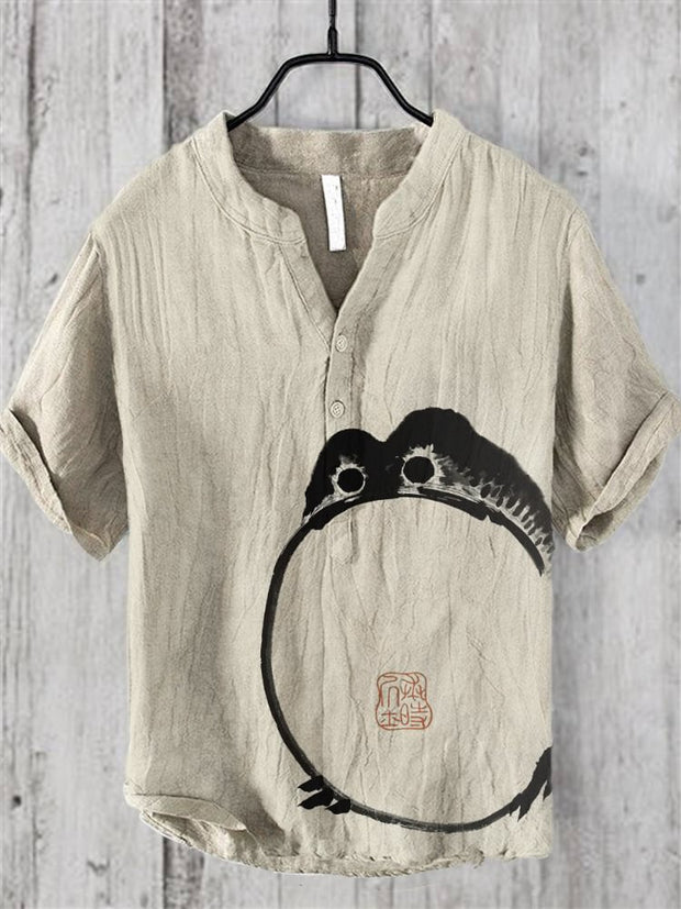 Japanese Art Ink Frog Print Linen V-Neck Shirt