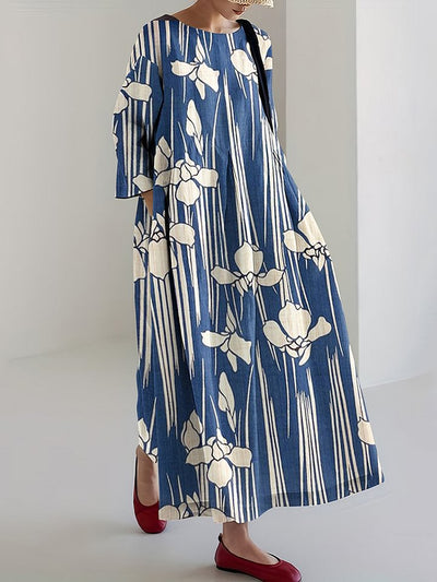 Japanese Art Iris Print Loose Midi Dress