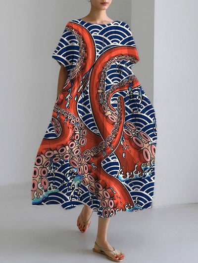 Japanese Art Ocean Octopus Print Cotton Blend Dress