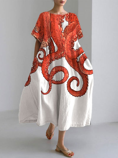 Japanese Art Ocean Octopus Print Cotton Blend Dress