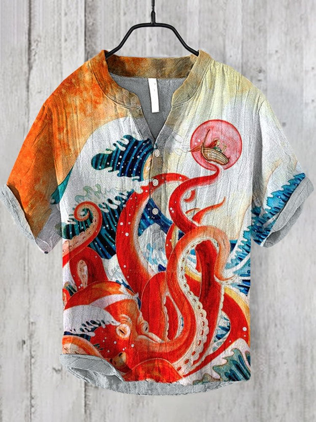 Japanese Art Ocean Octopus Print Cotton Blend Shirt