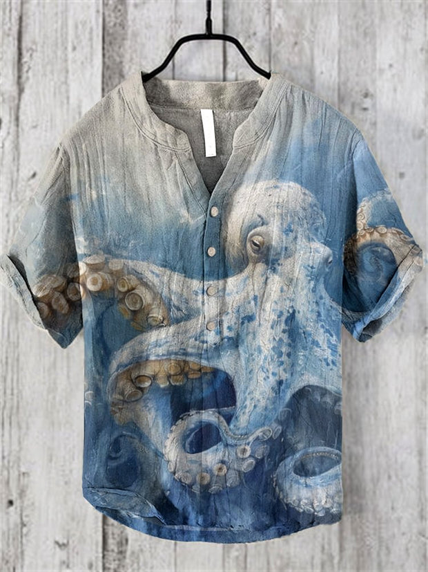 Japanese Art Octopus In Sea Graphic Linen Blend Shirt