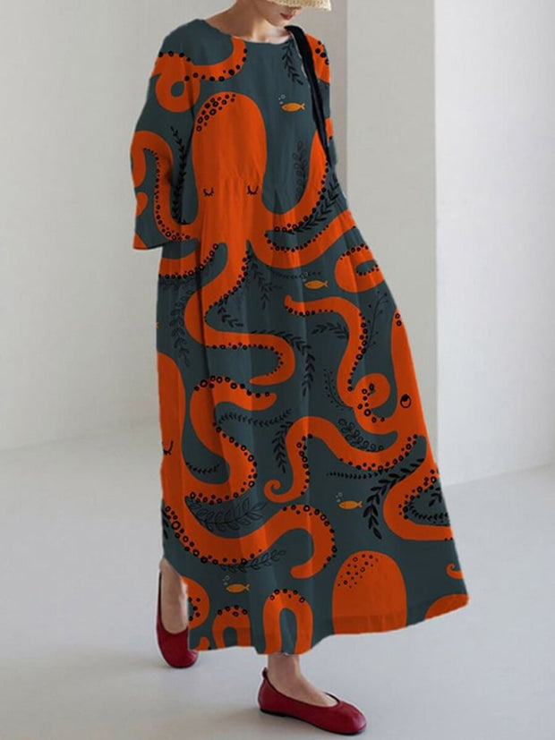 Japanese Art Octopus Print Round Neck Long Sleeve Midi Dress