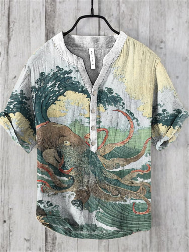 Japanese Art Octopus Print V-Neck Linen Blend Shirt