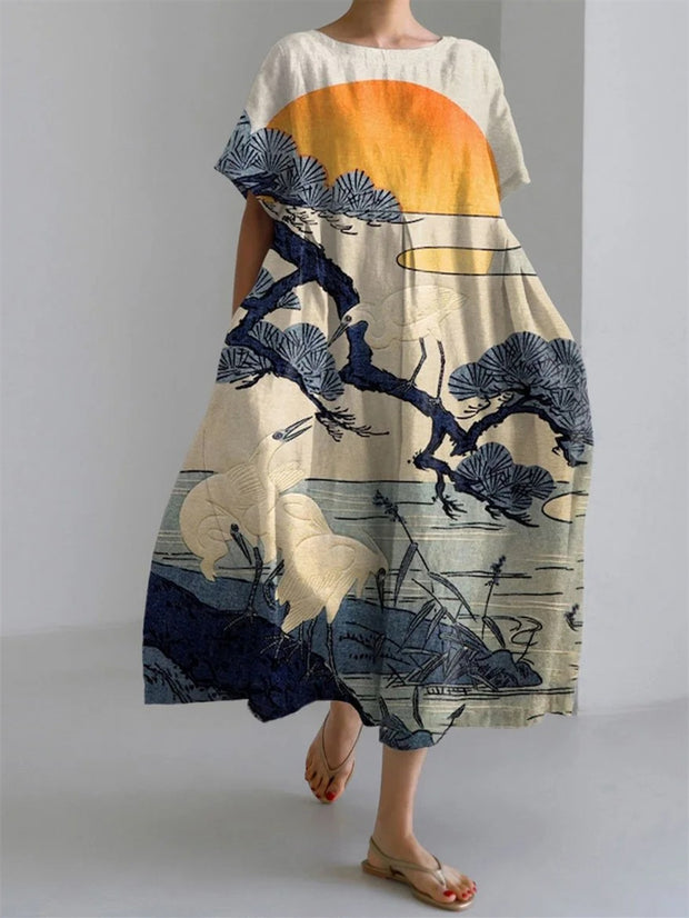 Japanese Art Pine Trees Lake Short Sleeve Midi Dress