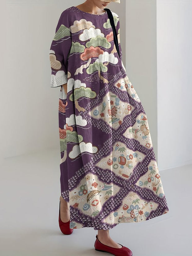 Japanese Art Print Loose Casual Midi Dress