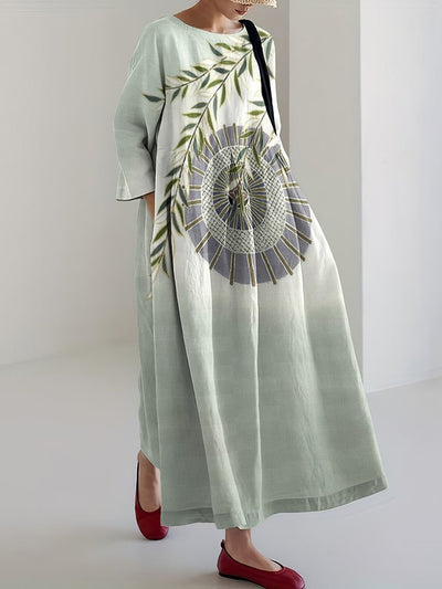 Japanese Art Print Round Neck Casual Midi Dress